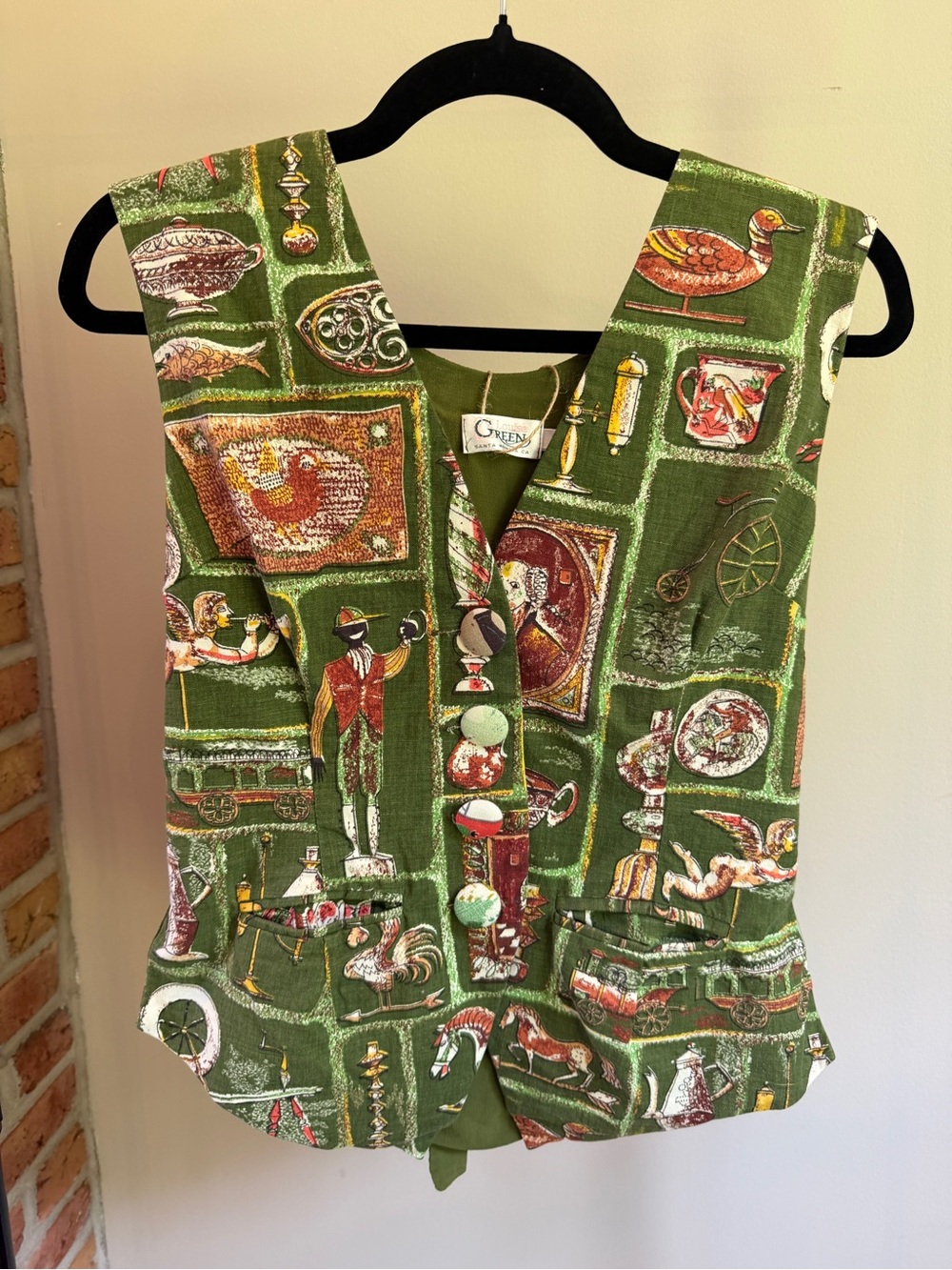 Green Linen Silk Printed Button-Front Vest with Vintage Equestrian Motif